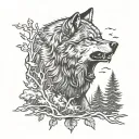 snarling wolf facing forward surrounded by trees tattoo design idea