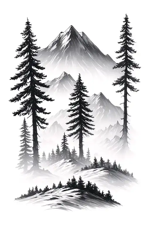 douglas fir trees and mountains tattoo design idea
