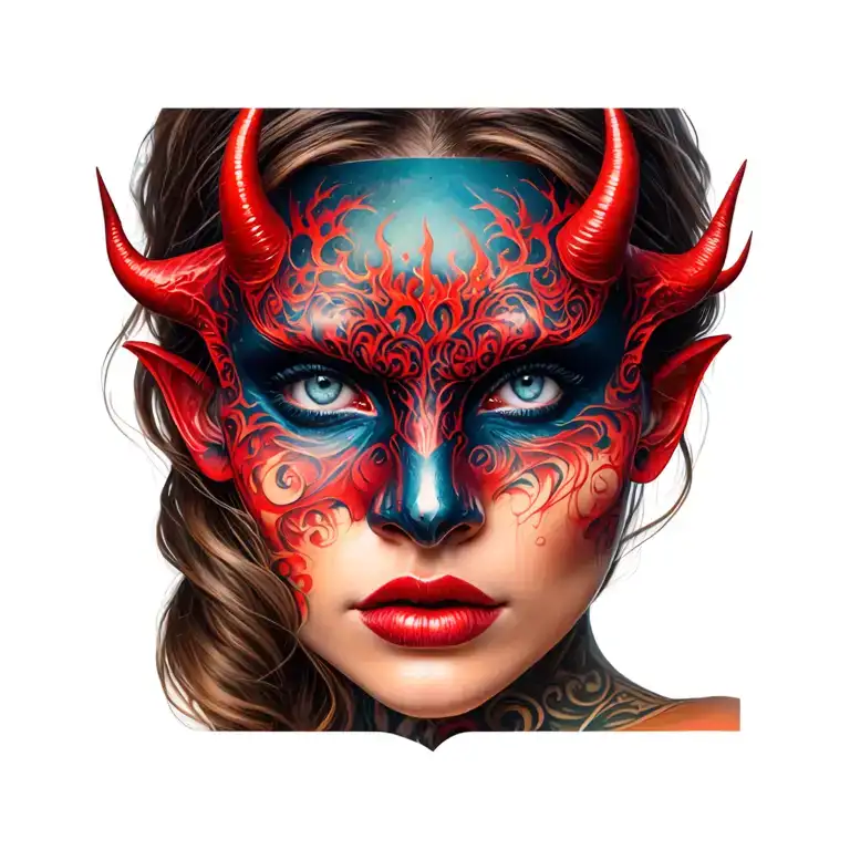 beautiful woman mask remover showing devil underneath tattoo design idea