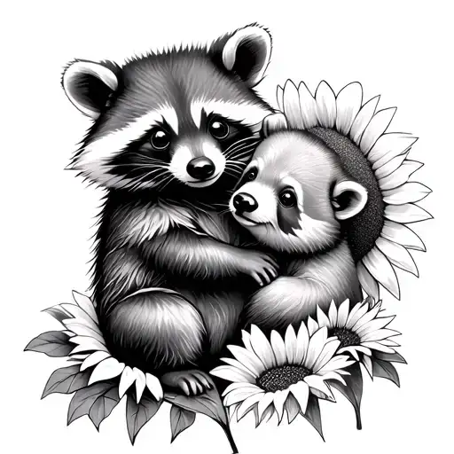 baby racoon playing with baby bear  in sunflowers tattoo design idea
