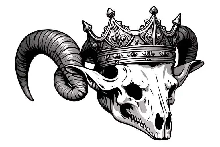symmetrical ram skull with 4 horns and a crown over it tattoo design idea