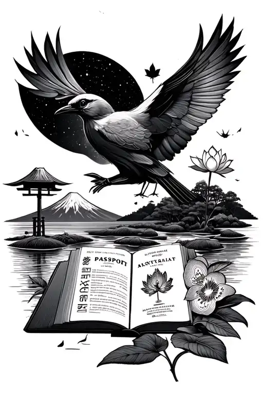 Milky Way,Tori gate, Mount Fuji, rice paddies,Australia outline, kiwi bird, Canadian passport, open book, lotus flower. tattoo design idea