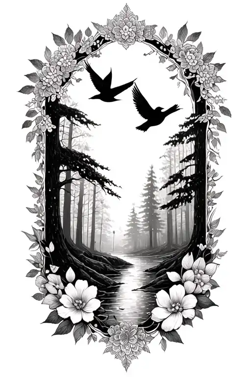 floral lace with cute birds flying in forest scene  tattoo design idea