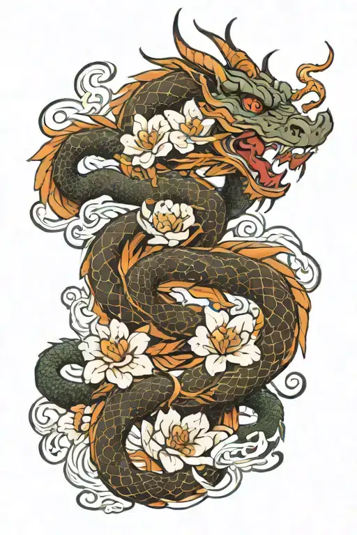 dragon and flower Japanese tattoo design idea