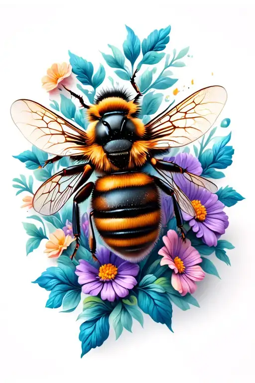 bee with flowers tattoo design idea