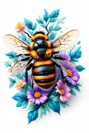 bee with flowers tattoo design idea