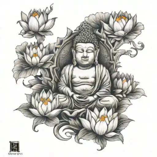 Buddha Shakyamuni, lotus flower blooming, tibetian cat tattoo design idea