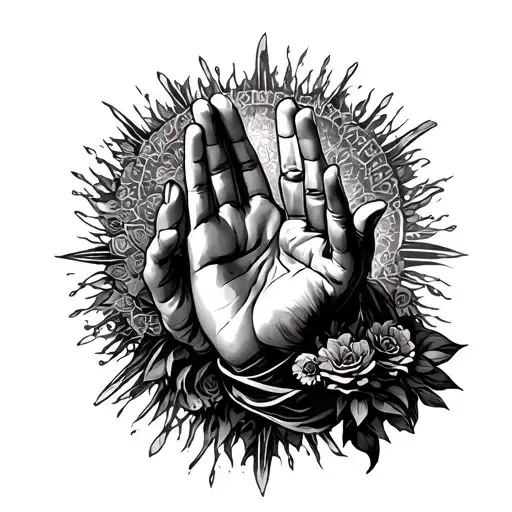 religious prayer hands reaching tattoo design idea