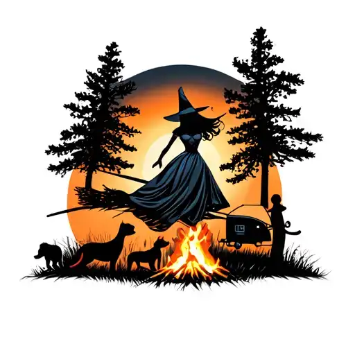 silhouette of busty sexy witch bride on broomstick over a campsite with a trailer and campfire with children & dog tattoo design idea