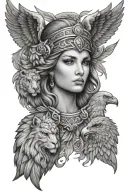 Athena and eagle and lion tattoo design idea