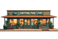 outside of 2 story tattoo shop with big windows and plants inside them tattoo design idea