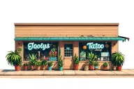 outside of 2 story tattoo shop with big windows and plants inside them tattoo design idea
