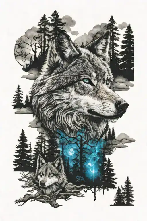 wolf in blue eyes howling forest scene tattoo design idea