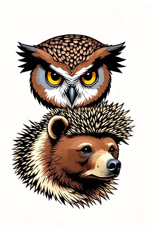 Make a tattoo design, neo-traditional, in colour, with the heads of an owl, a brown bear and a hedgehog stacked on top o tattoo design idea
