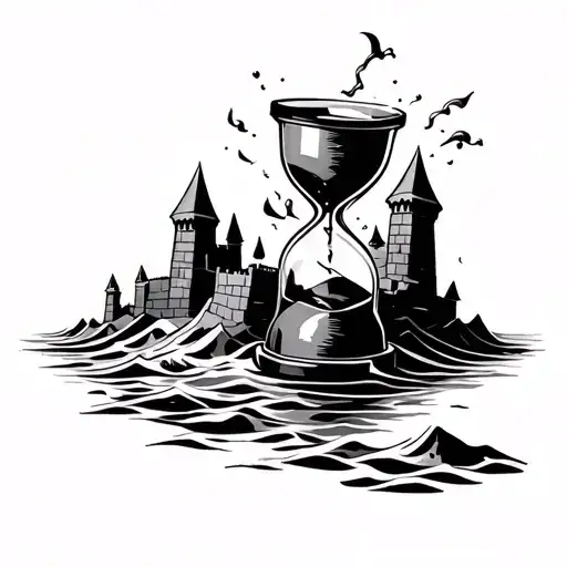 broken hourglass with sandcastle being washed away tattoo design idea