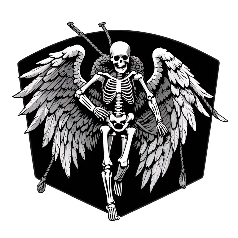 A skeleton Pararescueman gliding, saving guy, with angel wings made of paracord and feathers, representing the sacrifice tattoo design idea