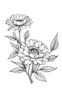 Daisy and peony flower bouquet fine line tattoo with leaves and stems tattoo design idea