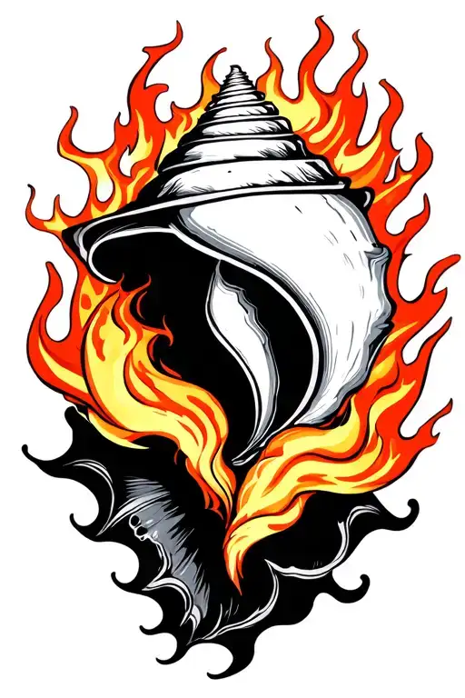 white conch shell lying horizontally inside manndala of wrathful flames tattoo design idea