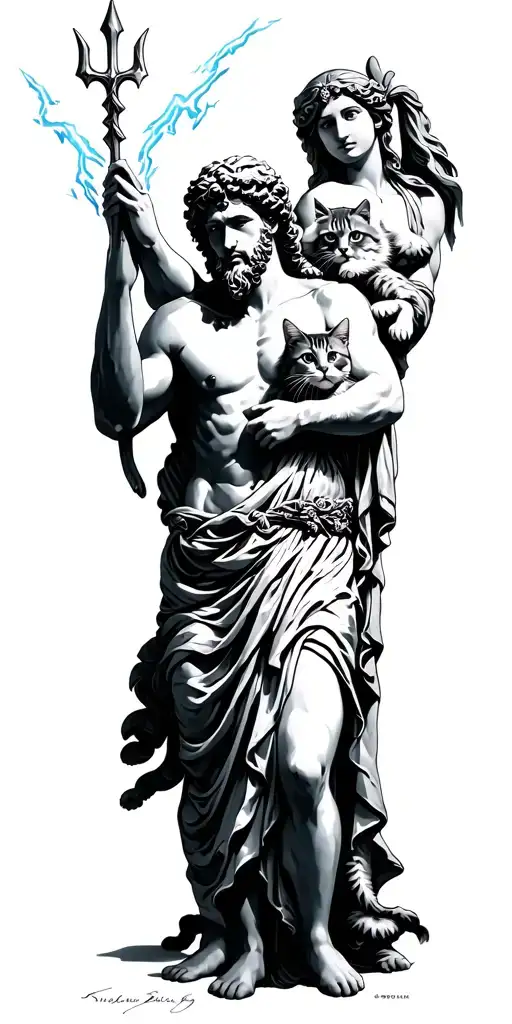 Zeus holding a bolt of lightning Poseidon holding a trident and Hera holding a cat in her arms  tattoo design idea