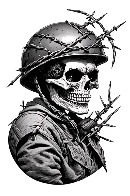 sKULL IN A HELMET BARBED WIRE BORN FREE LONG LIVE tattoo design idea