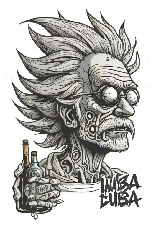 drunk Rick Sanchez lies on the inscription wubba lubba dub dub tattoo design idea