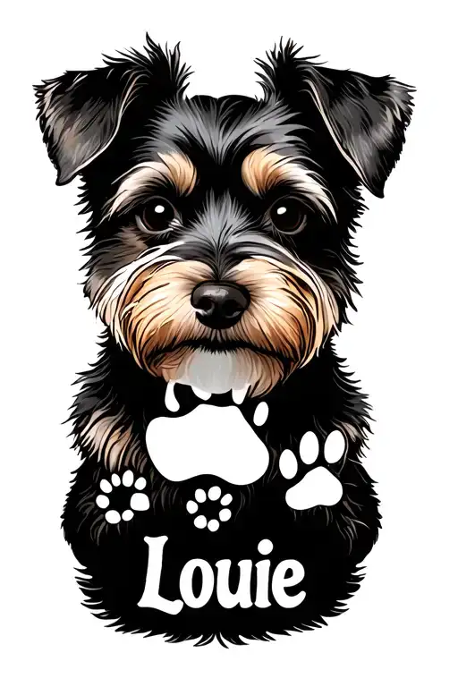 Dog's name 'Louie' and paw print tattoo design idea