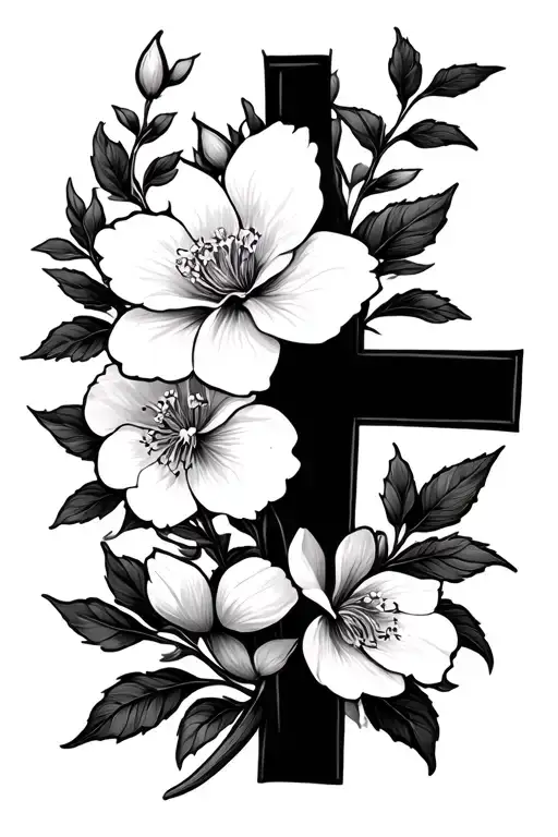 blossoms with sprigs to compliment a bold cross and fine line scripture tattoo design idea