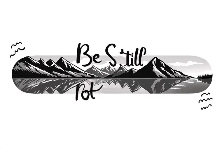 "Be Still" mountain range reflected in a calm lake tattoo design idea