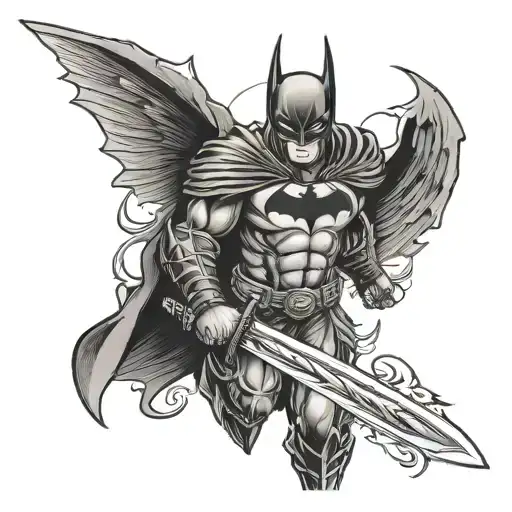 raging Batman with samurai sword and angel wings tattoo design idea