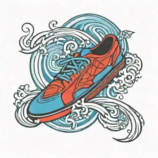 red shoe surfing on a blue wave tattoo design idea