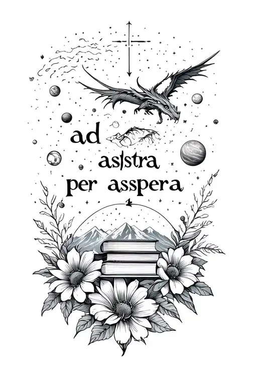 "ad astra per aspera " concept tattoo featuring  Books, Solar system, , mountain, stormlight archive reference, wyvern on flowers tattoo design idea