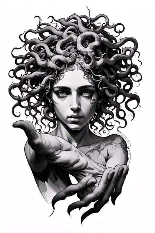 Medusa head and upper body tattoo reaching out to my hand transition tattoo design idea