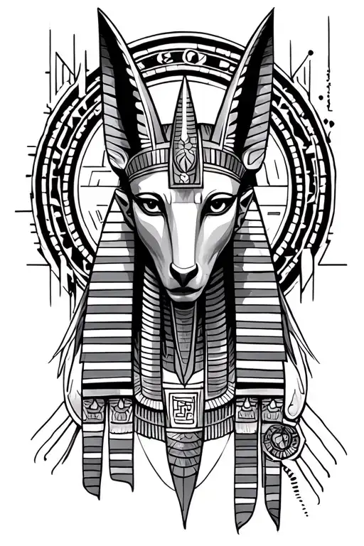 dark Anubis Egyptian god surrounded by geometric shapes and circles tattoo design idea