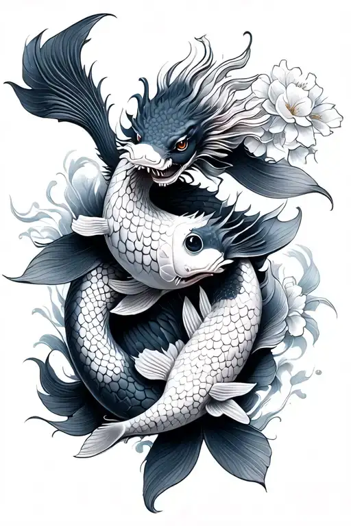 three koi fish cherry blossom dragon wrapped tattoo design idea