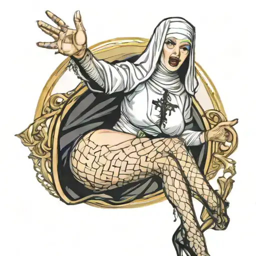 Sexy Nun Stripper, fishnet stockings, huge boobs, wide hips, revealing attire, seductive facial expressions, gold cross tattoo design idea