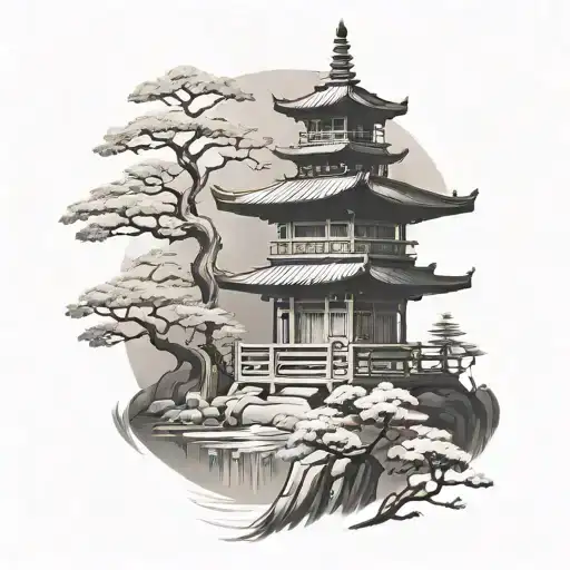 pagoda and bonsai tree and kaizen brush negative space tattoo design idea