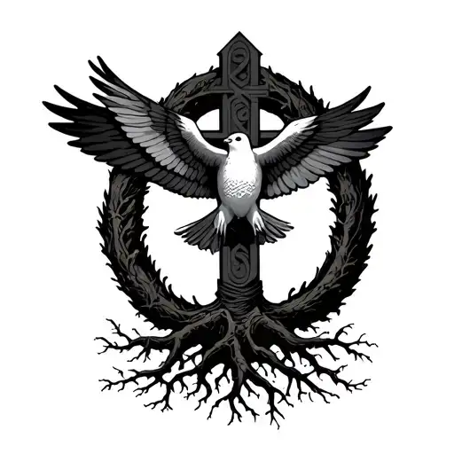 Armenian Cross with roots coming out of the bottom with turtle dove in the background tattoo design idea
