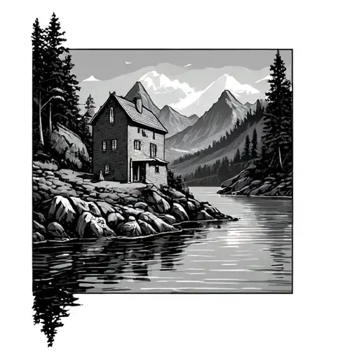 cove with moutains and brick house  tattoo design idea