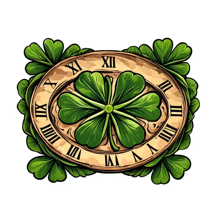 Roman numeral date surrounded by four leaf clover tattoo design idea
