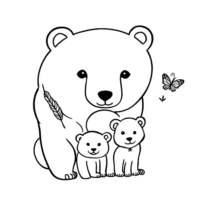 mama bear with 2 cubs, a feather and small butterfly  tattoo design idea