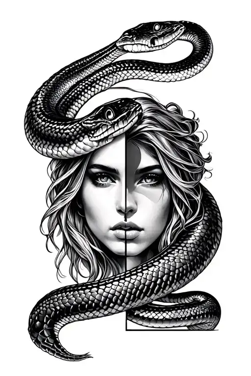 the cobra snake of a mustang shelby that surrounds half a female face who is located in a rectangle tattoo design idea