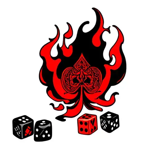 red and black deck game cards with 3 dice infront and flames tattoo design idea
