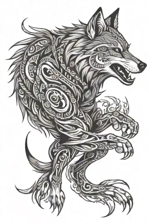 tribal-style wolf in a dynamic, leaping pose, with its front paws extended forward and hind legs pushing off tattoo design idea