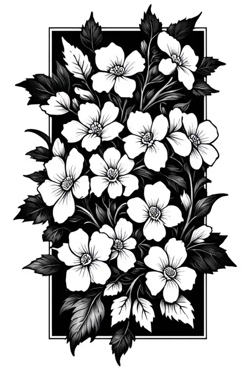 white rectangular carpet of white blossoming flowers intertwined by white vine leafs  tattoo design idea