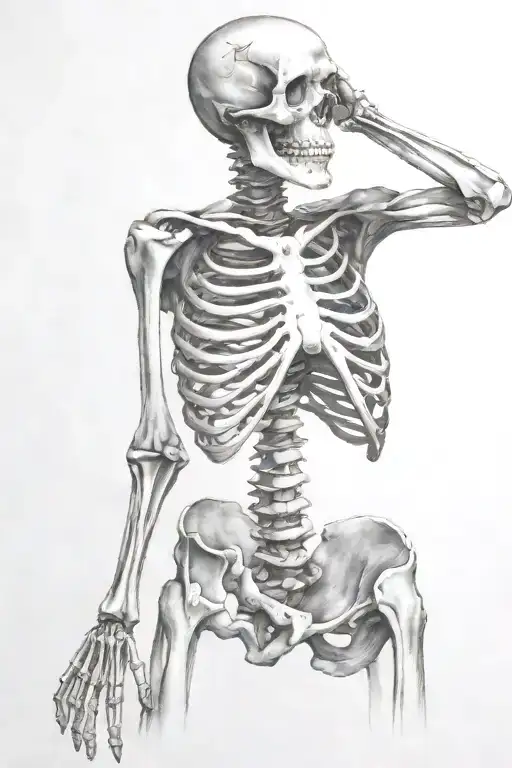 skeleton ripping out mind and heart, full body, backside of standing skeleton tattoo design idea