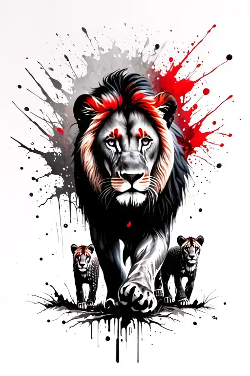 mama lion with 2 cubs walking in the forest tattoo design idea