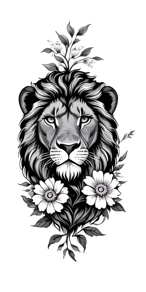 Leo lion with flowers tattoo design idea