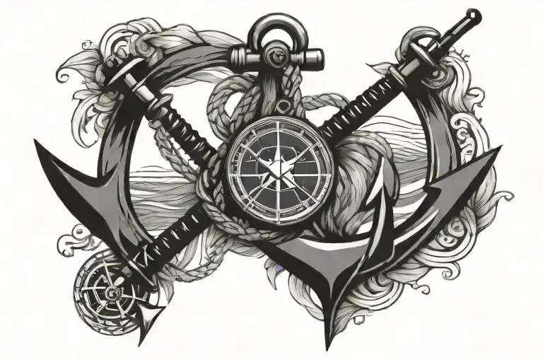 navy compas, anchor and canon with flag intertwined tattoo design idea