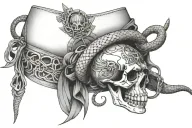 garter belt wrapped around by a snake, and adorned with gun, and skull  tattoo design idea