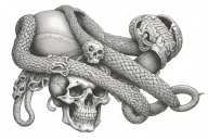 garter belt wrapped around by a snake, and adorned with gun, and skull  tattoo design idea